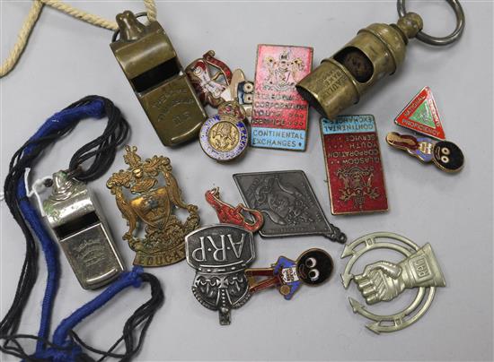Assorted whistles & badges etc.
